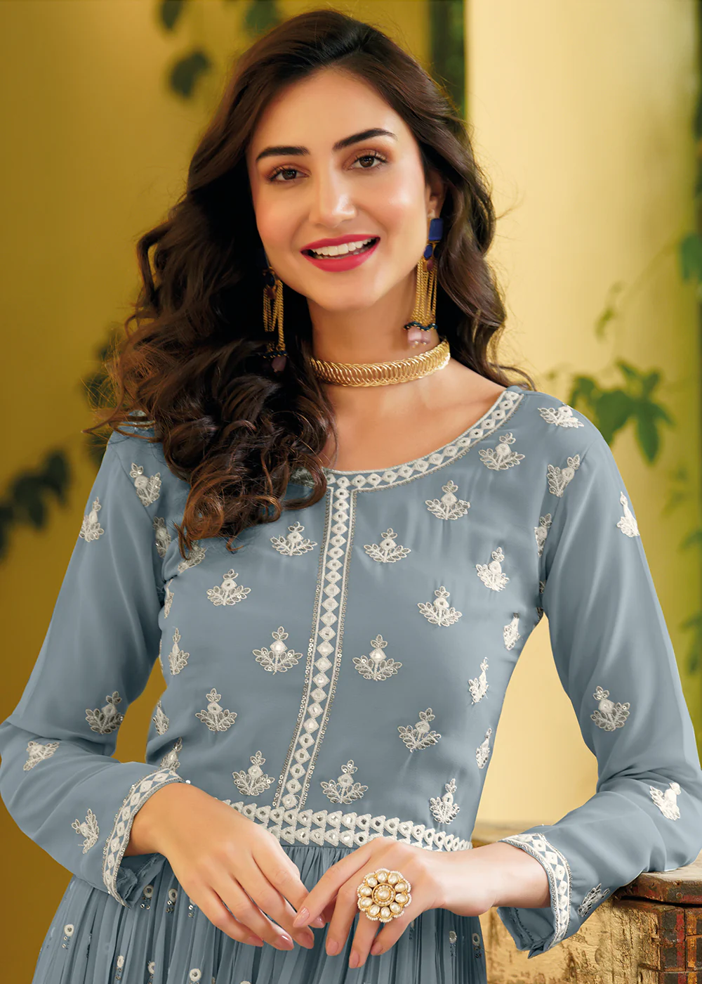 Soft Blue Indo-Western Embroidered Georgette Jumpsuit - Image 2