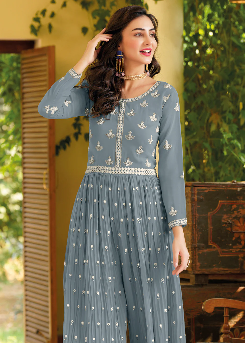Soft Blue Indo-Western Embroidered Georgette Jumpsuit - Image 3