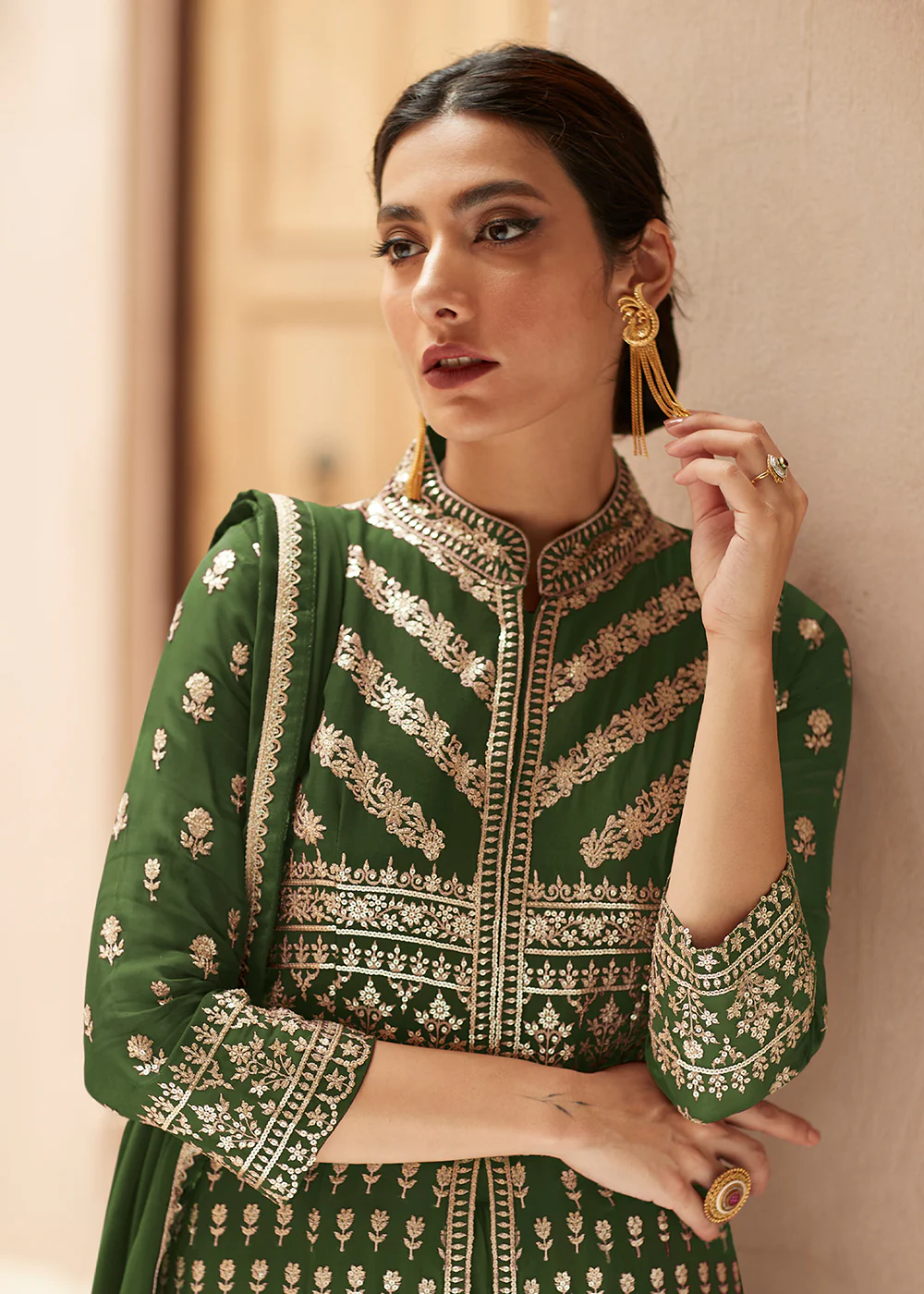 Soft Green Anarkali Style Front Slit Palazzo Style Suit - Image 2