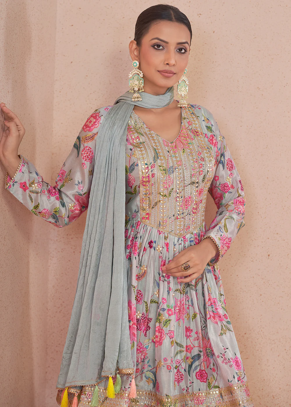 Soft Grey Embroidered & Digital Printed Festive Gharara Suit - Image 2