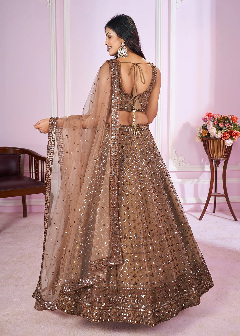 Soft Net Embroidered Brown Color Reception Lehenga Choli - Image 3