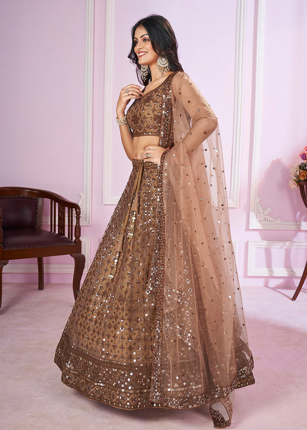 Soft Net Embroidered Brown Color Reception Lehenga Choli - Image 5