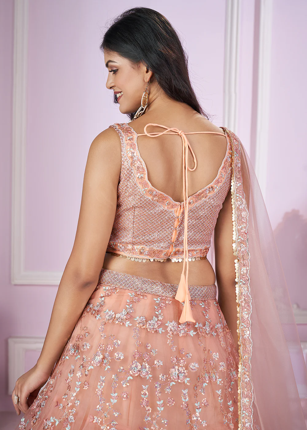 Soft Net Embroidered Pink Color Bridesmaids Lehenga Choli - Image 6