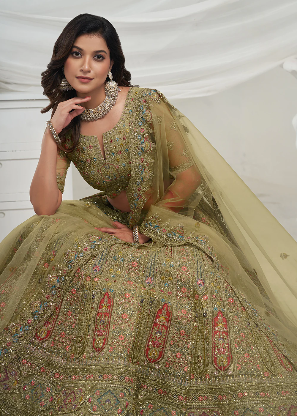 Soft Net Green Heavy Embroidered Bridal Style Lehenga Choli - Image 2