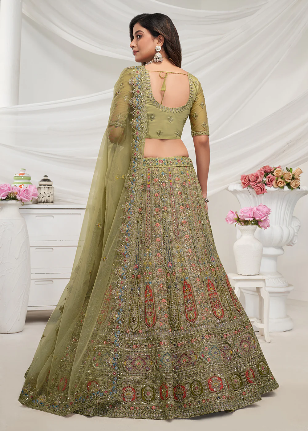 Soft Net Green Heavy Embroidered Bridal Style Lehenga Choli - Image 3