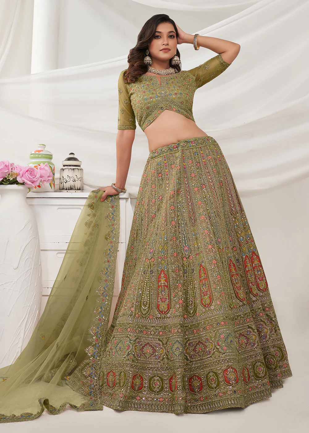 Soft Net Green Heavy Embroidered Bridal Style Lehenga Choli - Image 5