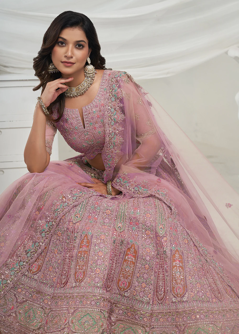 Soft Net Mauve Heavy Embroidered Bridal Style Lehenga Choli - Image 2