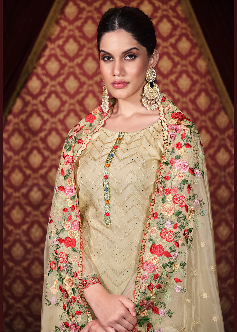 Soft Organza Silk Beige Embroidered Pant Style Suit - Image 2