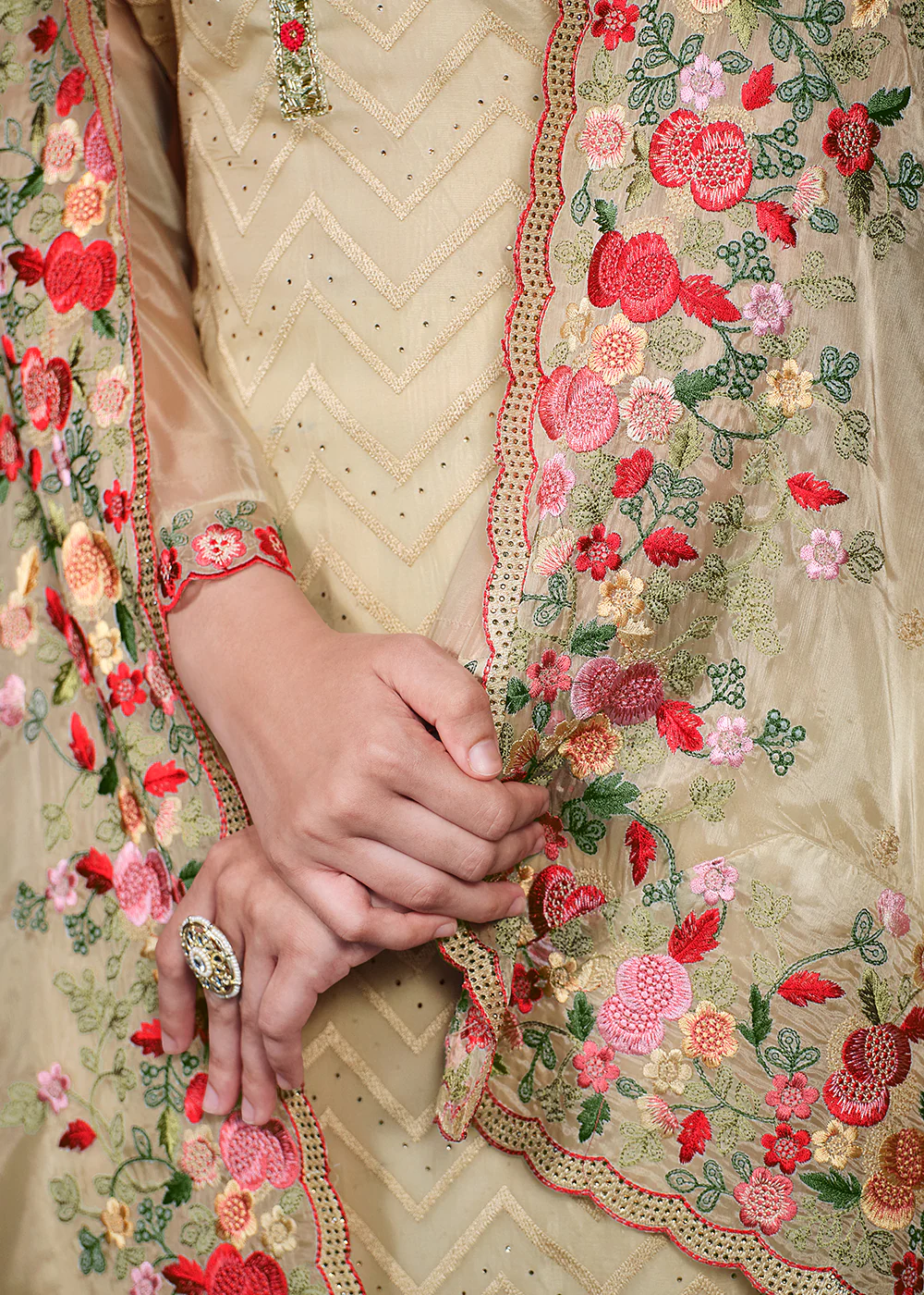 Soft Organza Silk Beige Embroidered Pant Style Suit - Image 3