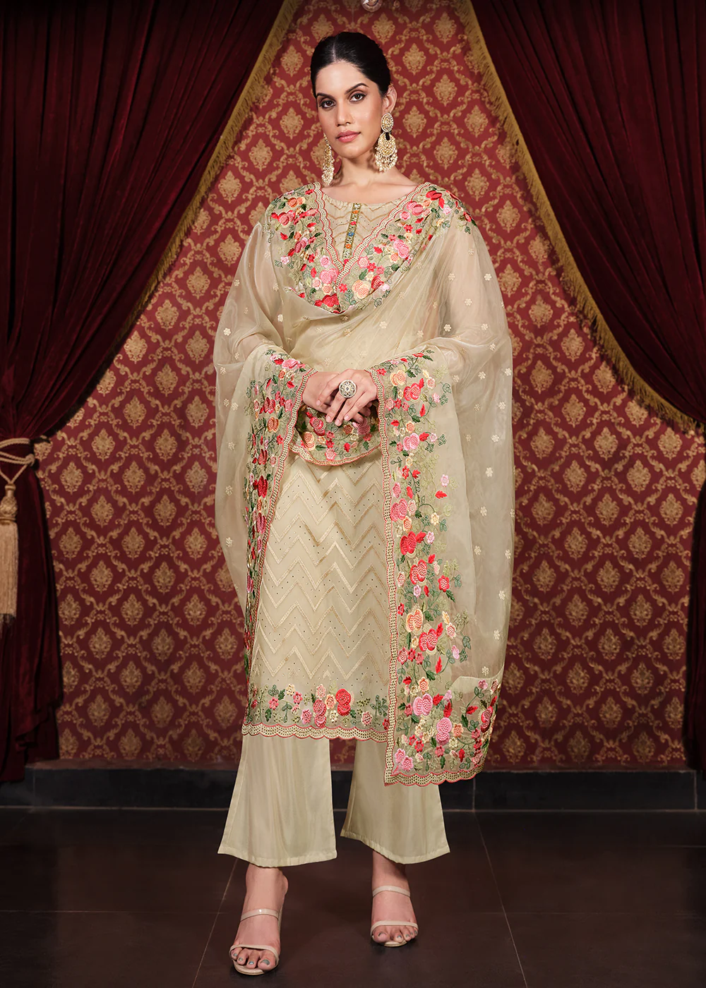 Soft Organza Silk Beige Embroidered Pant Style Suit - Image 4
