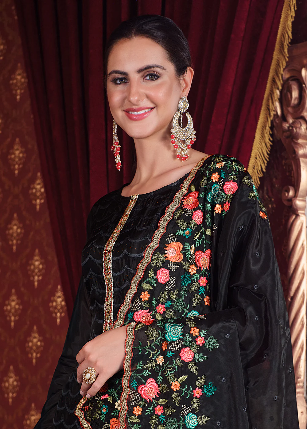 Soft Organza Silk Black Embroidered Pant Style Suit - Image 2