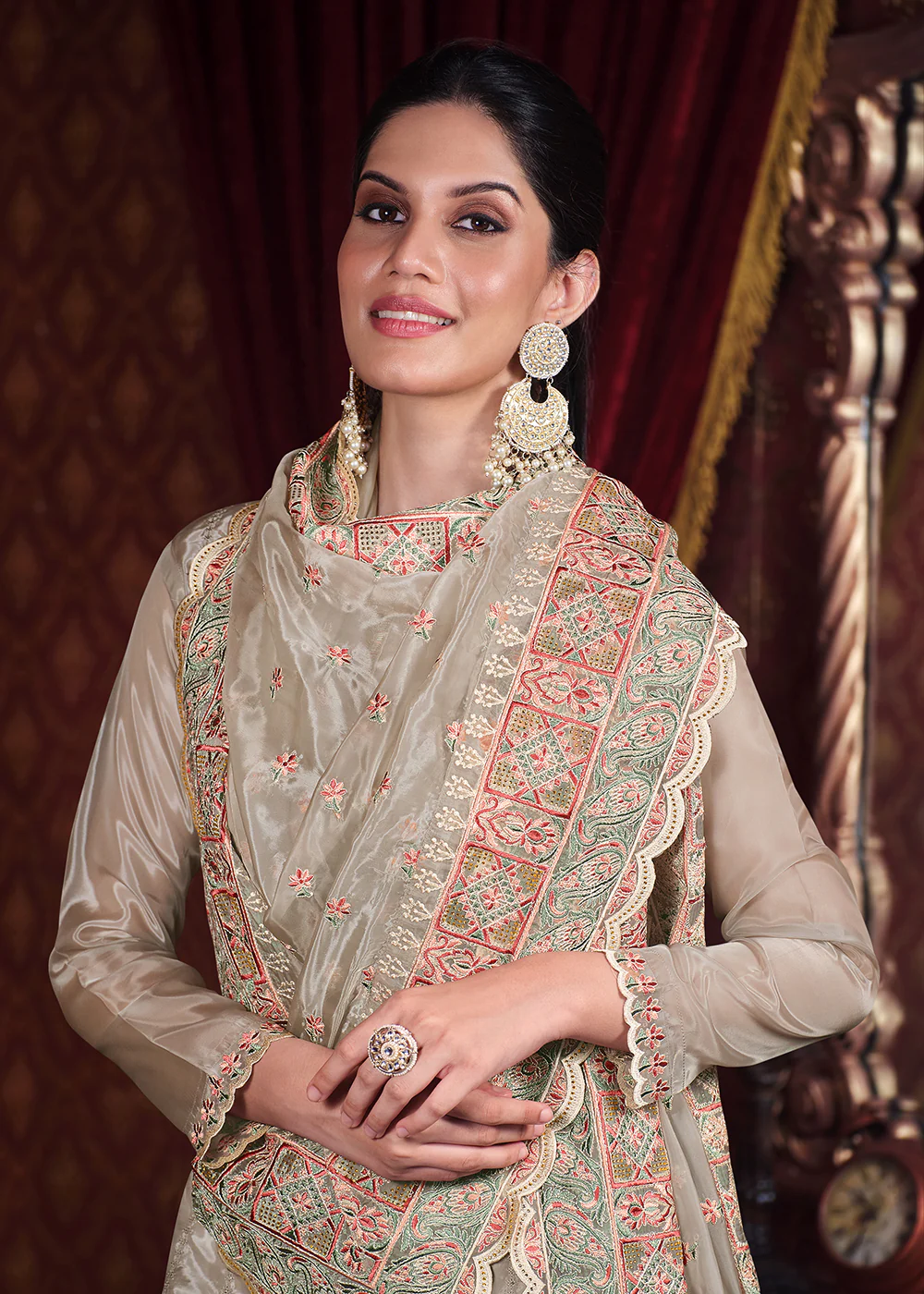 Soft Organza Silk Cream Embroidered Pant Style Suit - Image 2