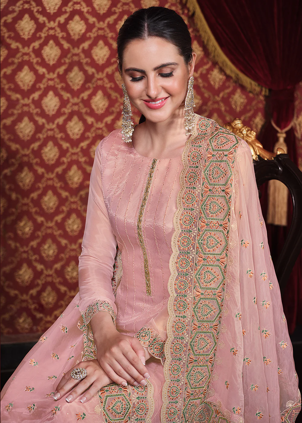 Soft Organza Silk Pink Embroidered Pant Style Suit - Image 2