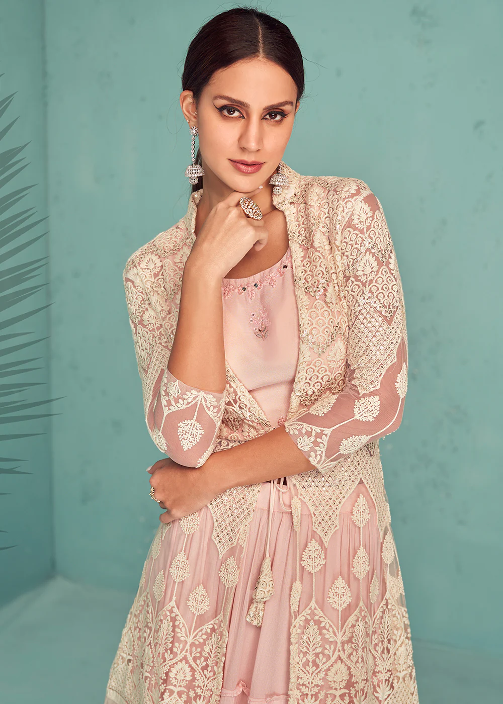 Soft Peach Indo-Western Jacket Style Georgette Skirt Dress - Image 2