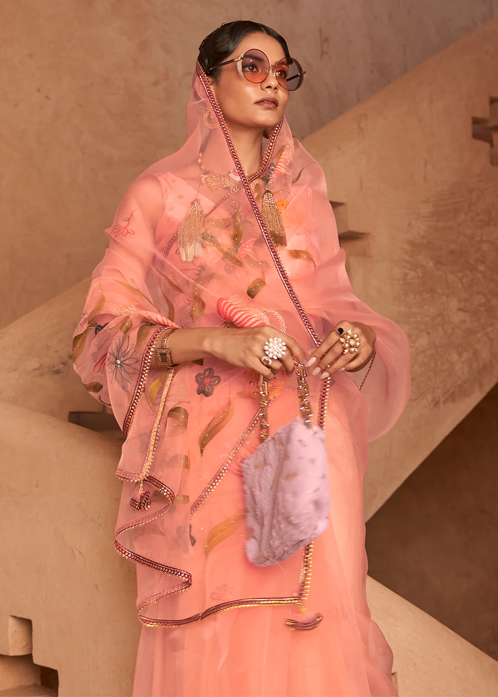 Soft Peach Organza Net Printed Embroidered Classic Indian Saree - Image 2