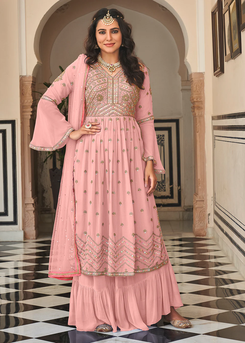Soft Pink Festive Mirror Embroidered Palazzo Salwar Suit