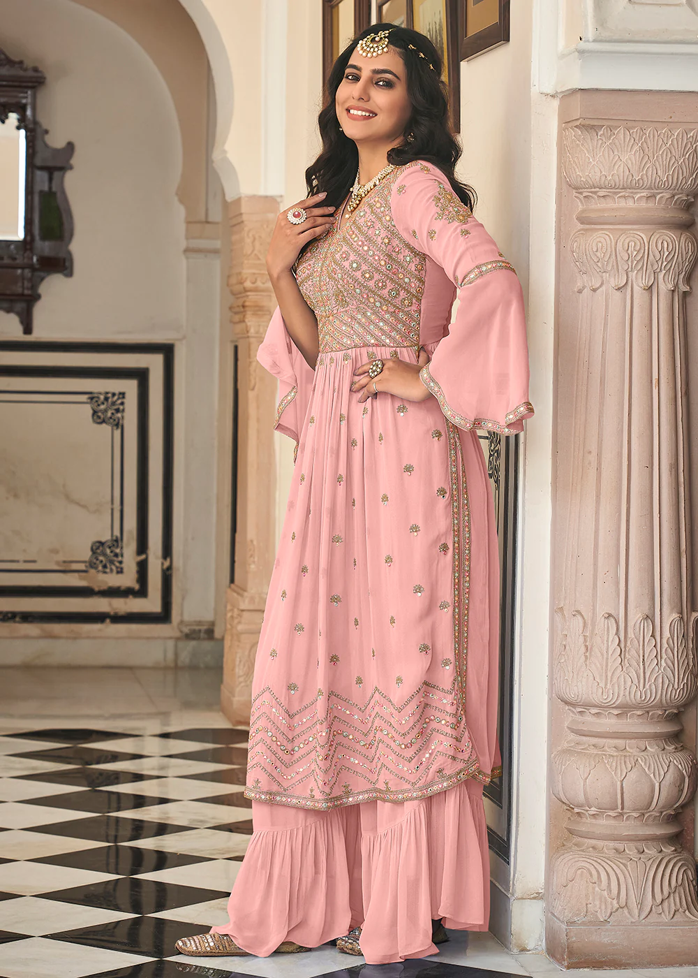 Soft Pink Festive Mirror Embroidered Palazzo Salwar Suit - Image 4
