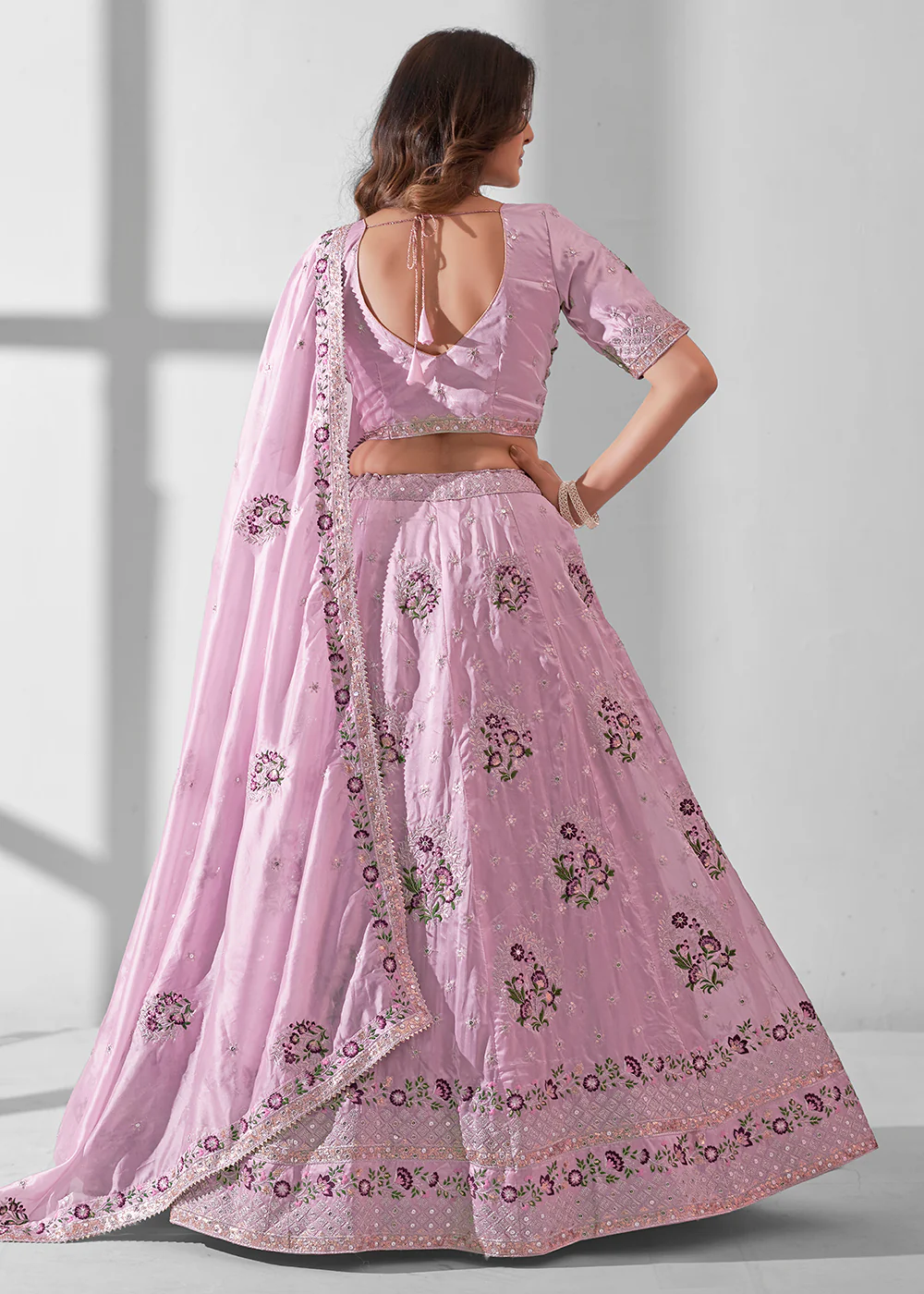 Soft Pink Multi Embroidered Wedding Festive Lehenga Choli - Image 3