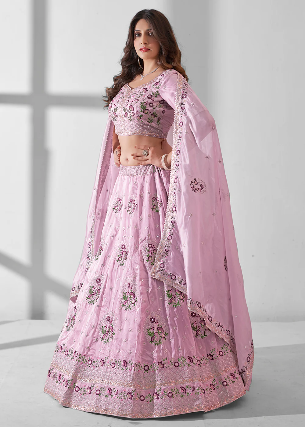 Soft Pink Multi Embroidered Wedding Festive Lehenga Choli - Image 4