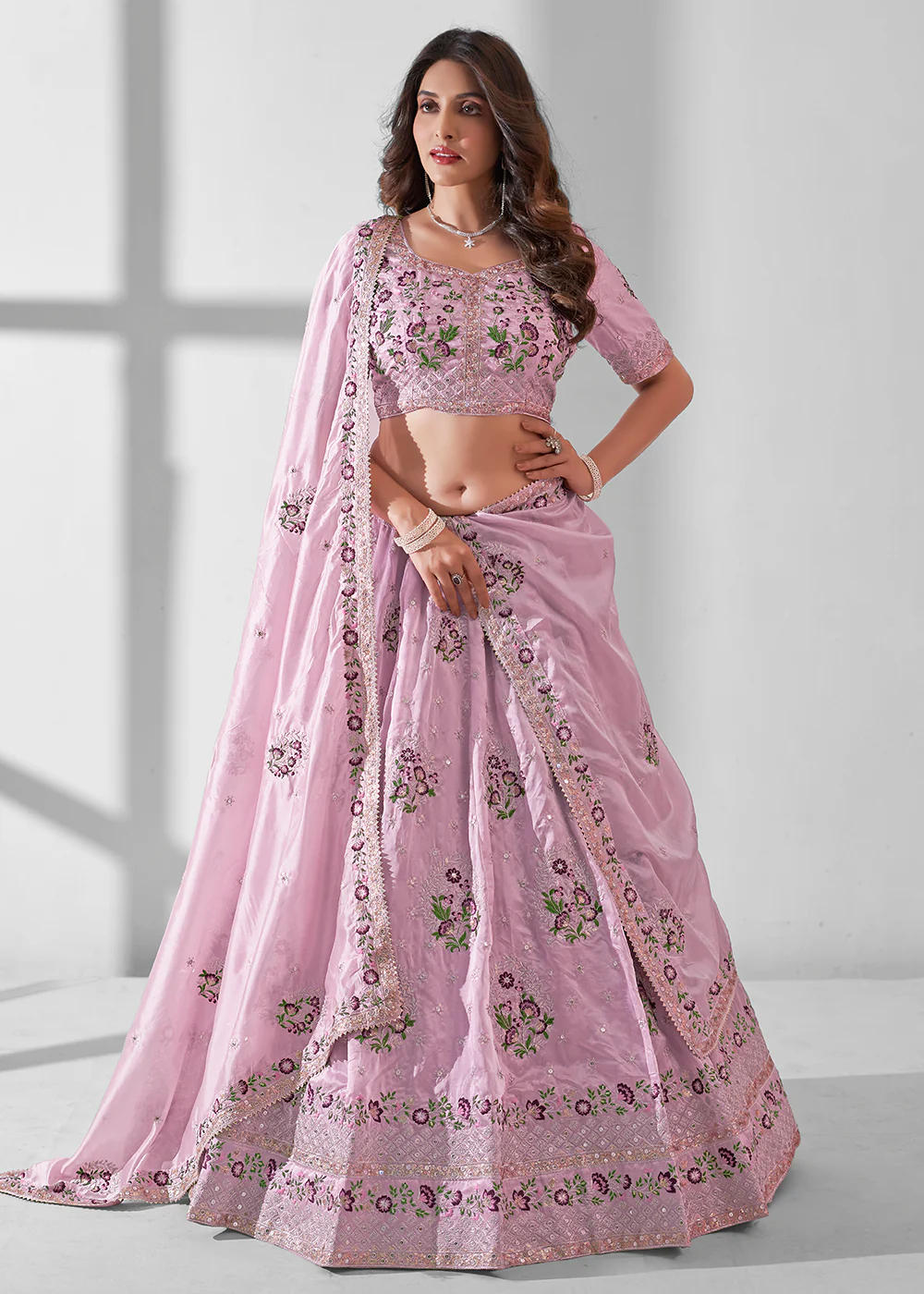Soft Pink Multi Embroidered Wedding Festive Lehenga Choli - Image 5