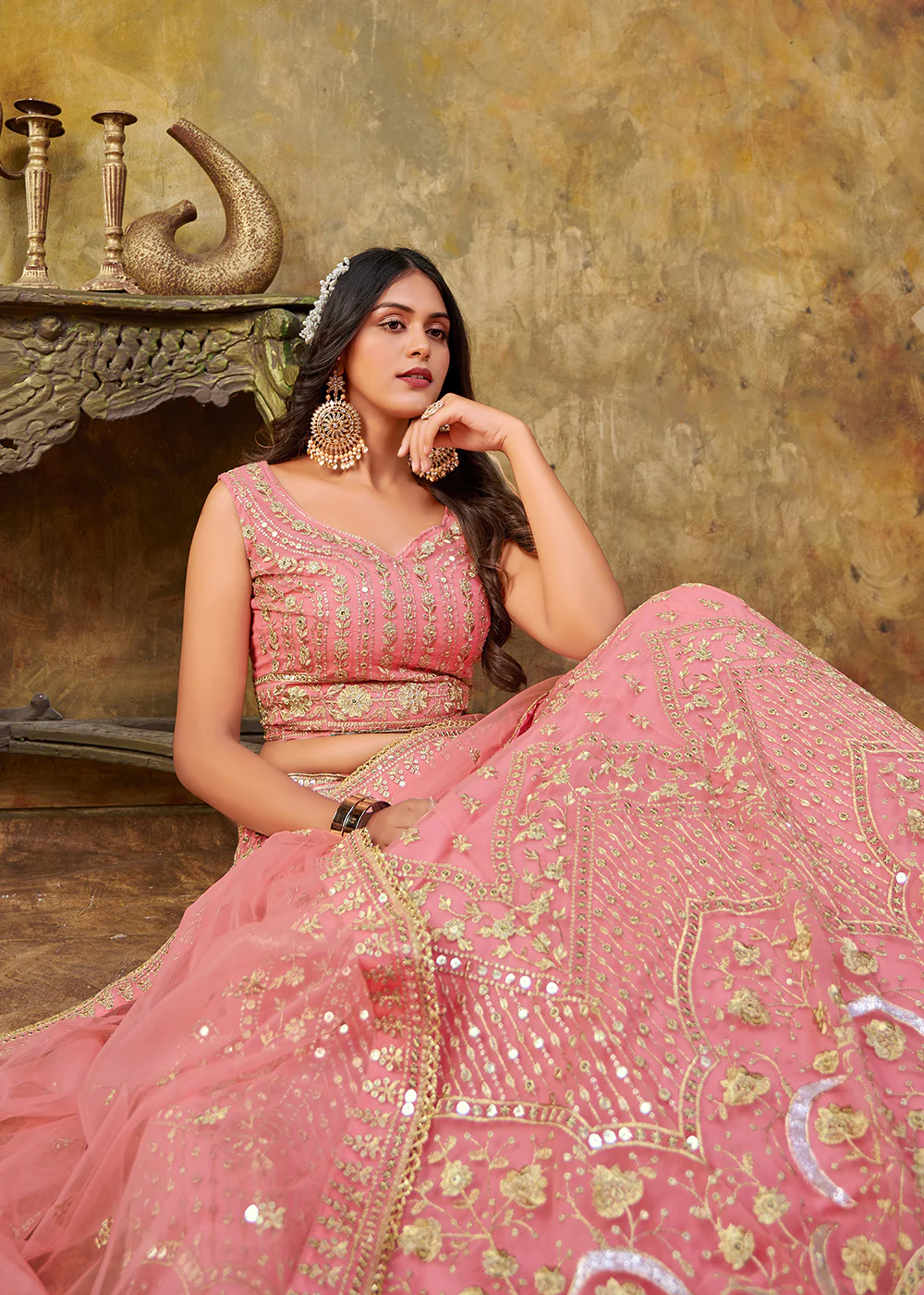Soft Pink Premium Net Sequins Wedding Lehenga Choli - Image 2
