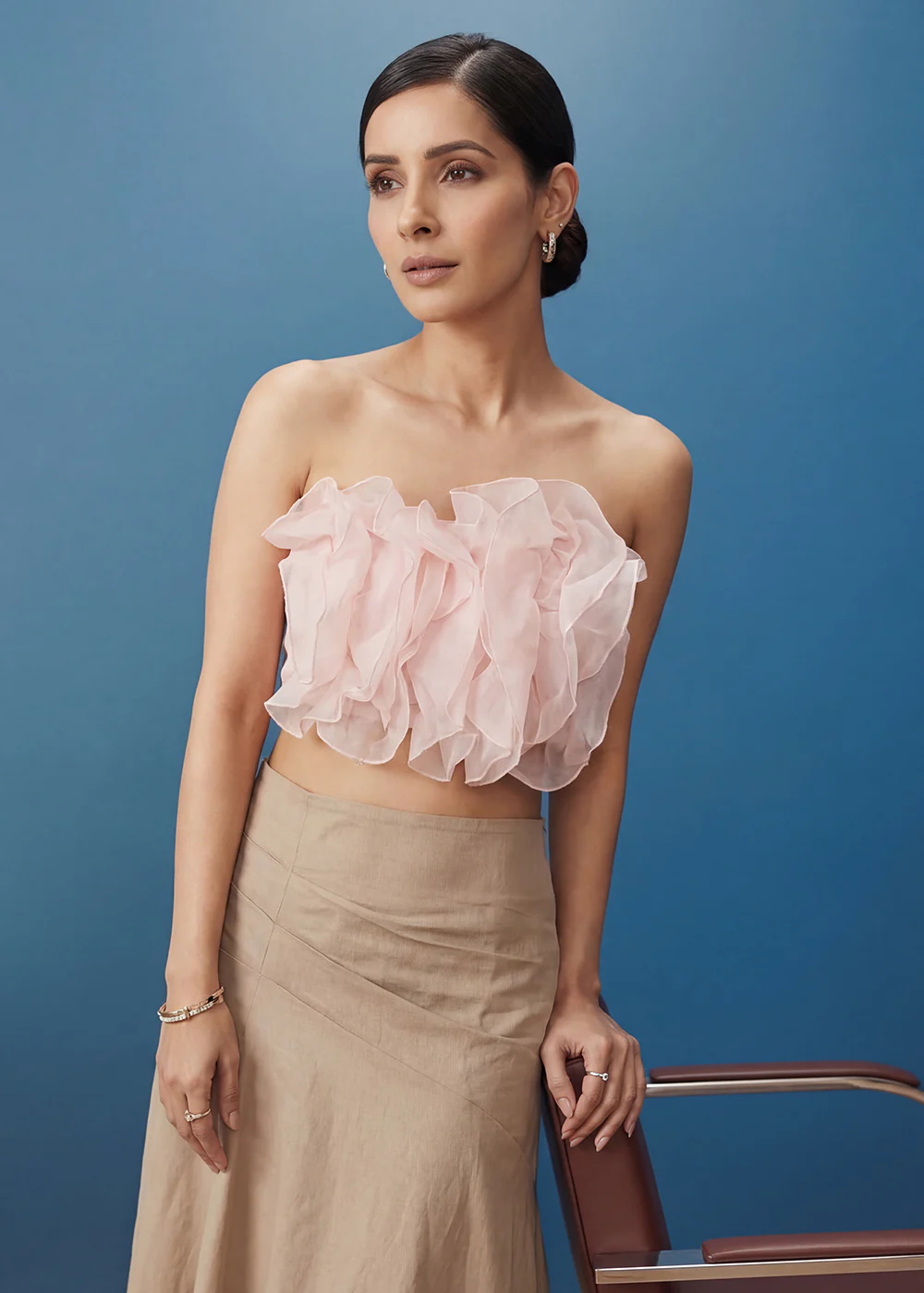 Soft Pink Ruffled Top with Pleated Linen Long Skirt Indo Western - Image 2