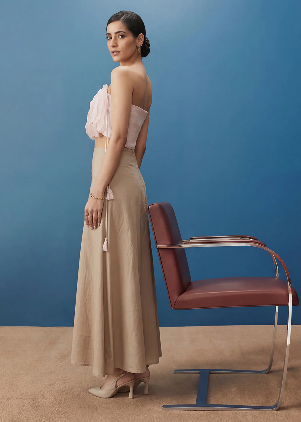 Soft Pink Ruffled Top with Pleated Linen Long Skirt Indo Western - Image 3