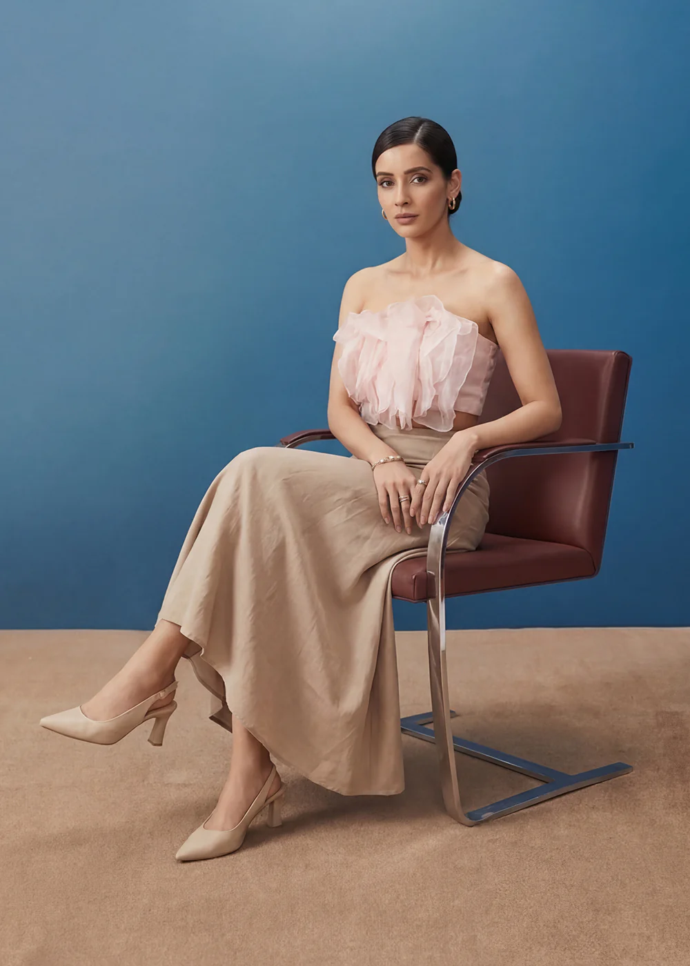 Soft Pink Ruffled Top with Pleated Linen Long Skirt Indo Western - Image 4
