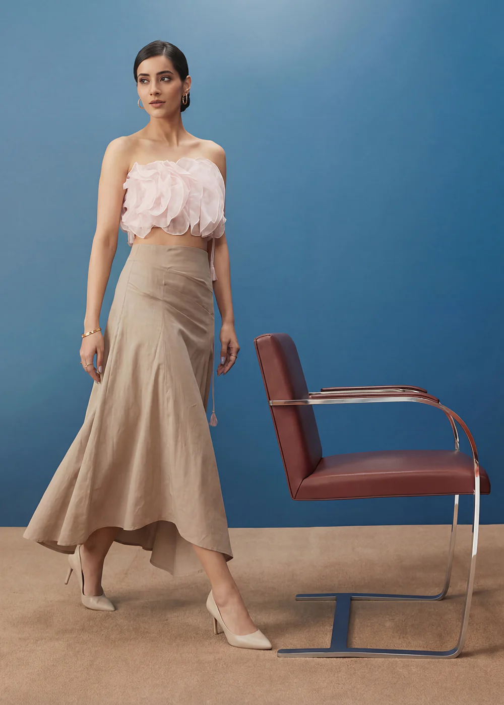 Soft Pink Ruffled Top with Pleated Linen Long Skirt Indo Western - Image 5