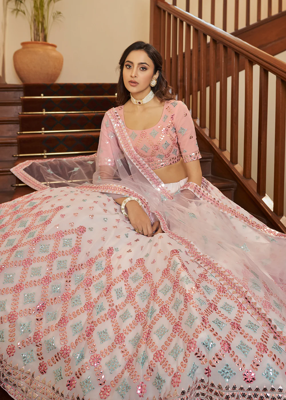 Soft Pink Sequins & Gota Patti Work Georgette Lehenga Choli - Image 2