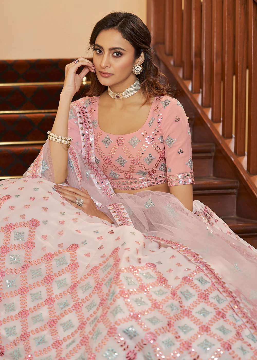 Soft Pink Sequins & Gota Patti Work Georgette Lehenga Choli - Image 4