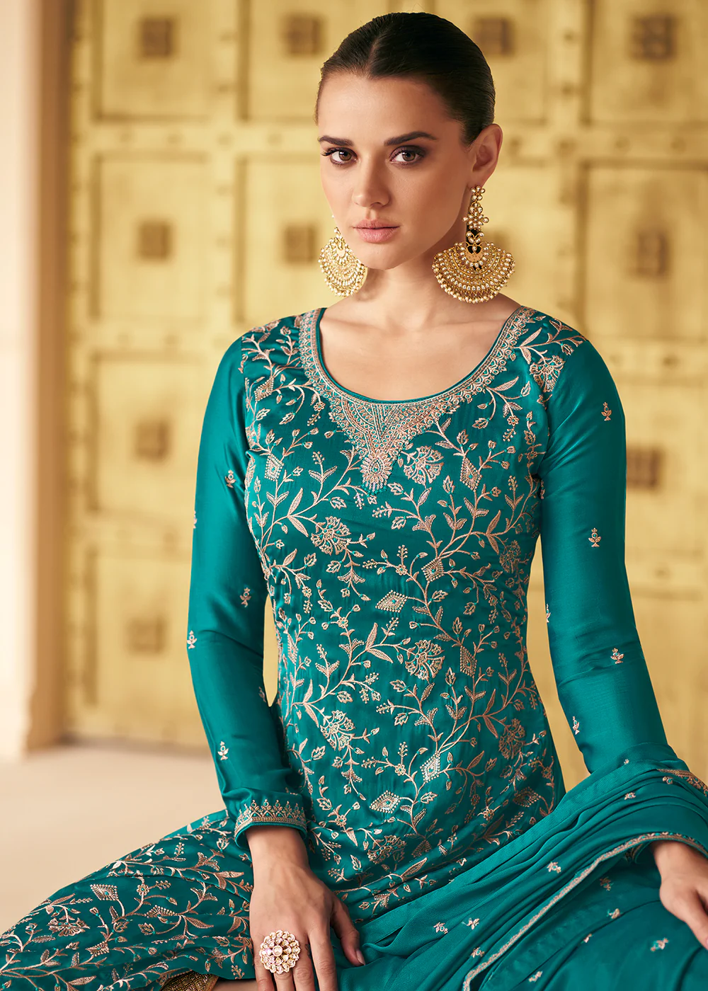 Soft Silk Teal Green Embroidered Wedding Festive Salwar Suit - Image 2