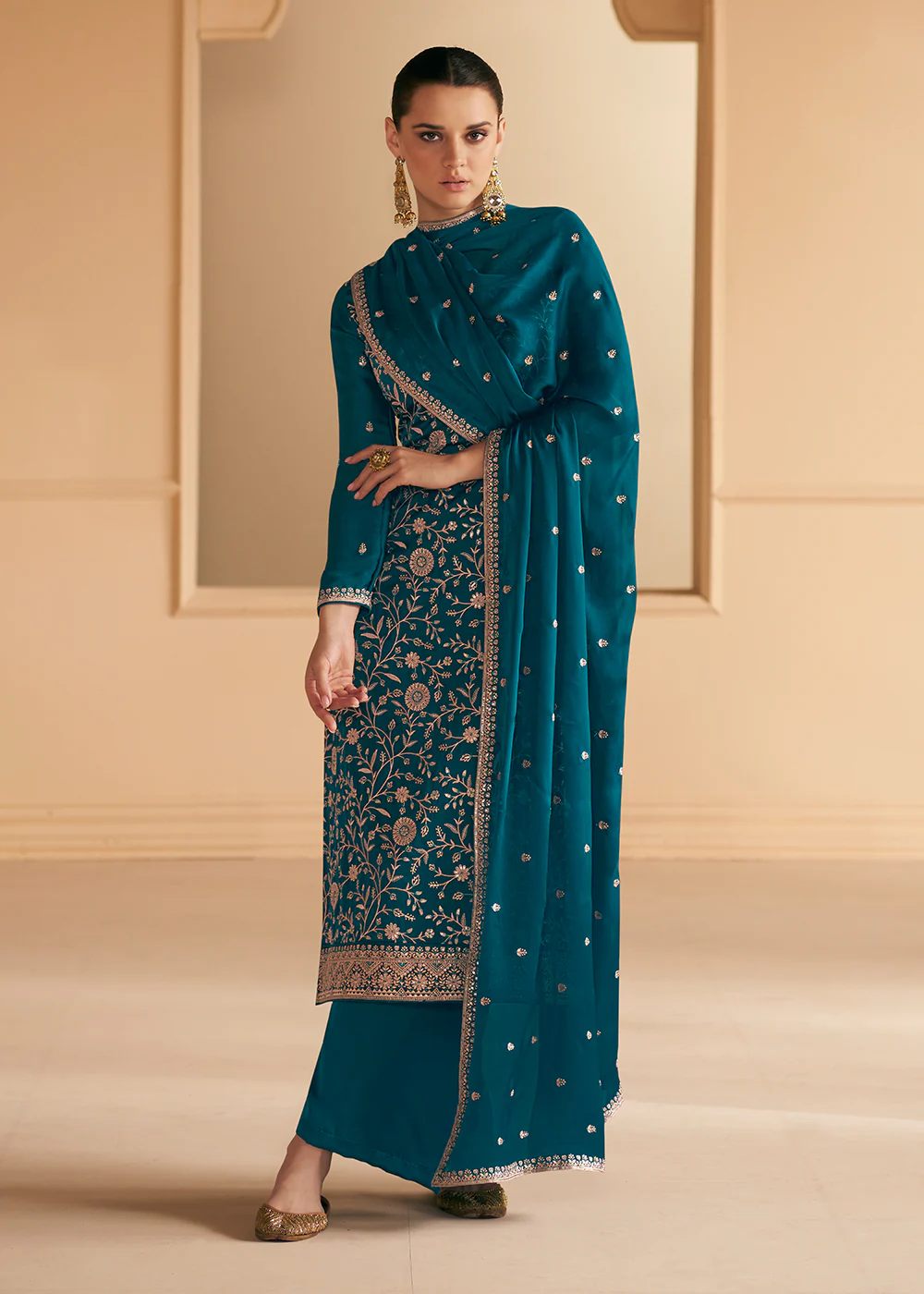 Soft Silk Turquoise Embroidered Wedding Festive Salwar Suit - Image 4