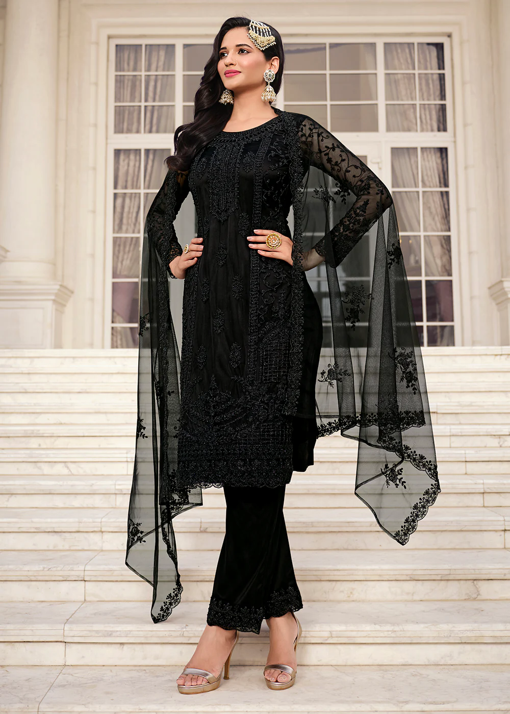 Solid Hot Black Embroidered Pant Style Salwar Suit