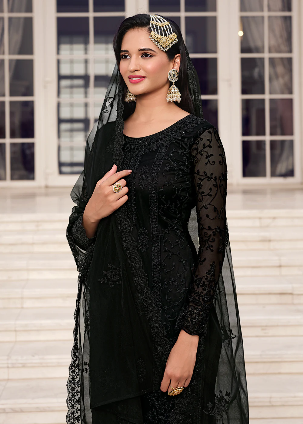 Solid Hot Black Embroidered Pant Style Salwar Suit - Image 2