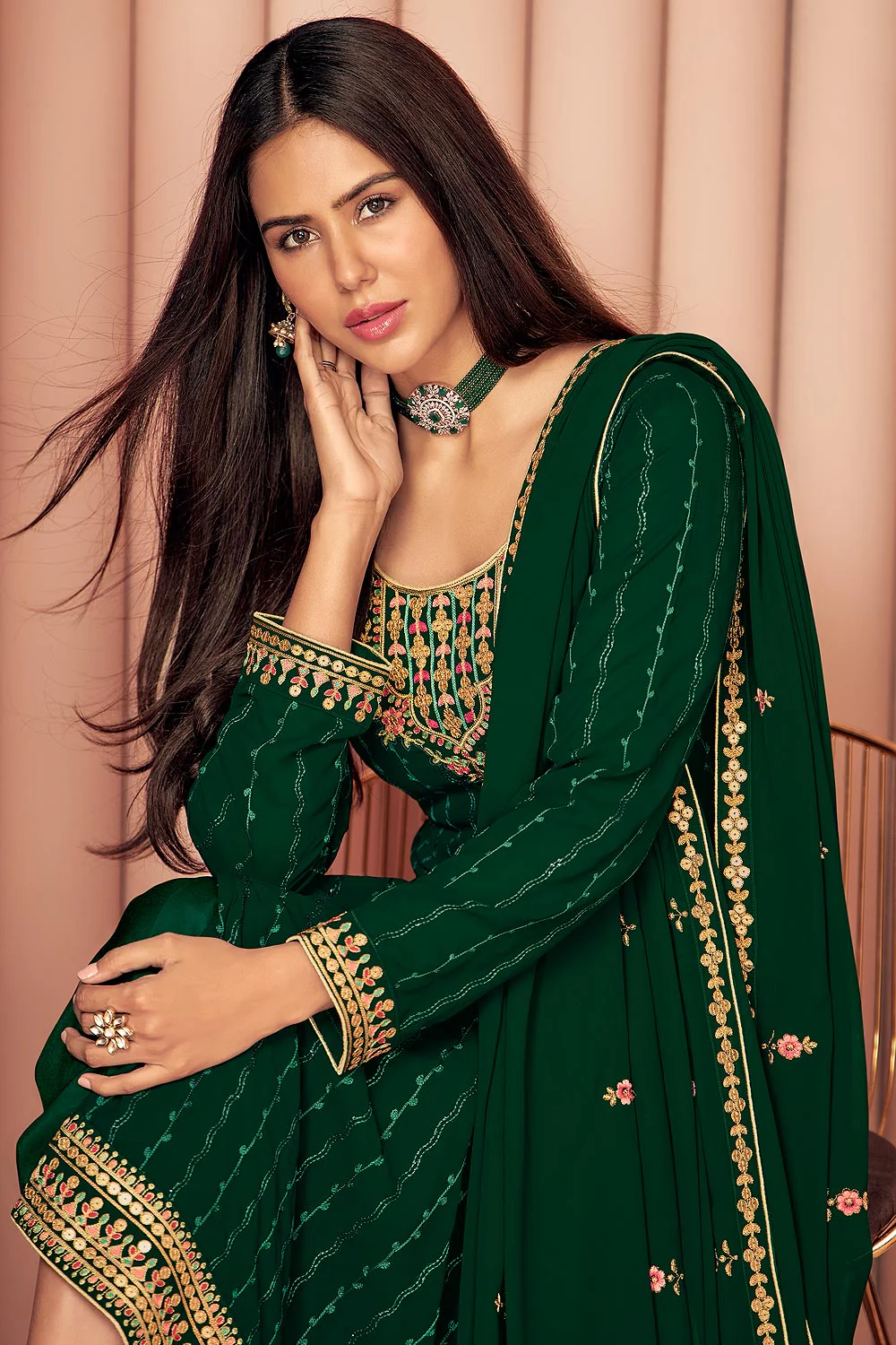 Sonam Bajwa Dark Green Georgette Palazzo Suit - Image 2