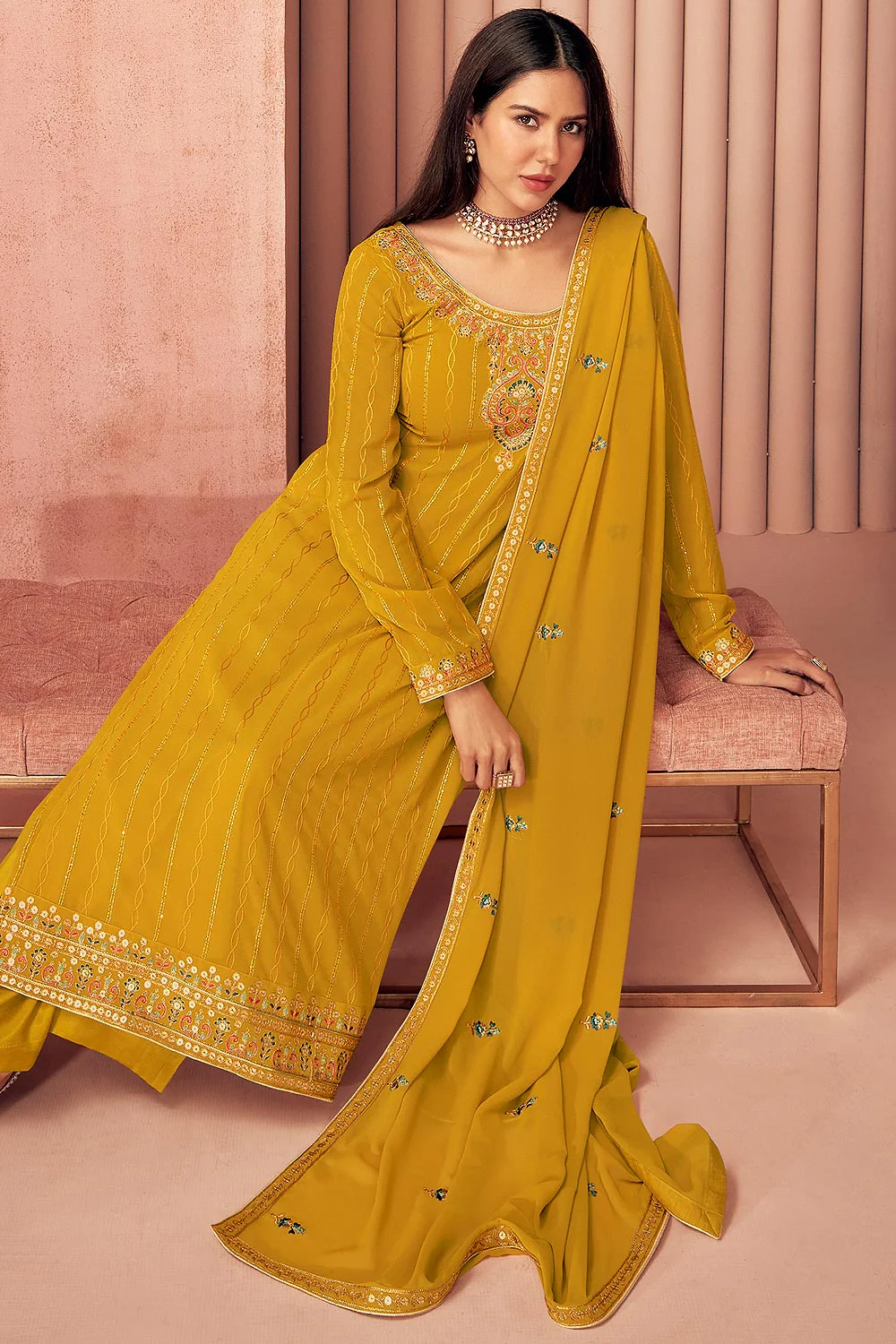 Sonam Bajwa Mustard Yellow Georgette Palazzo Suit - Image 3