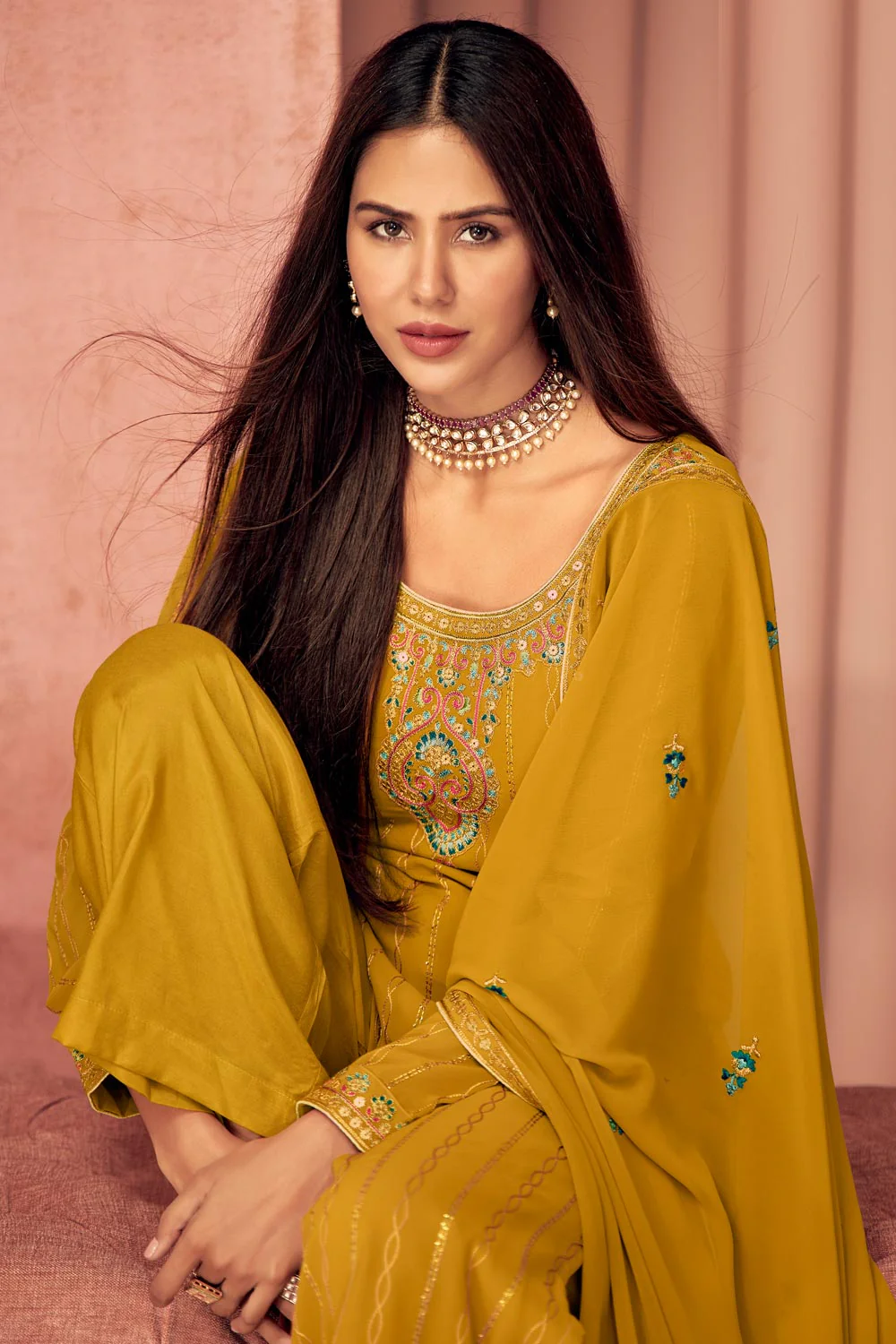 Sonam Bajwa Mustard Yellow Georgette Palazzo Suit - Image 4