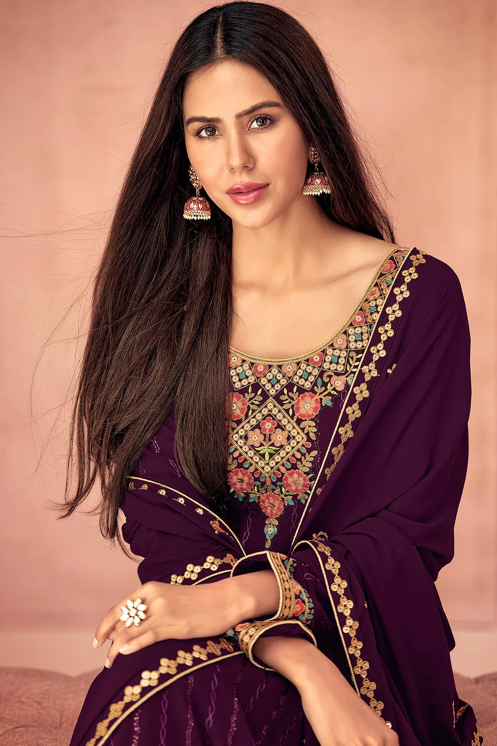 Sonam Bajwa Plum Purple Georgette Palazzo Suit - Image 2