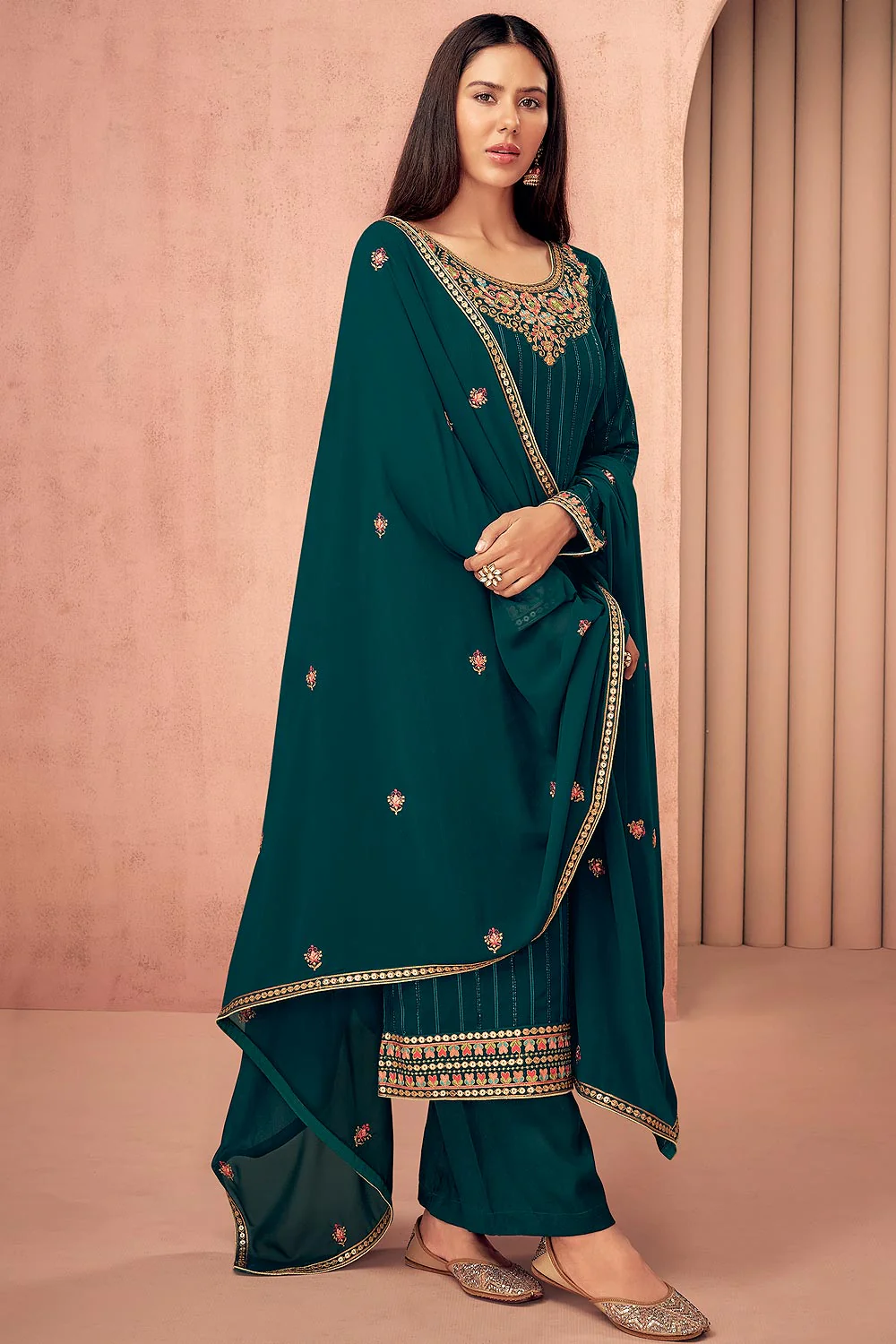 Sonam Bajwa Teal Blue Georgette Palazzo Suit