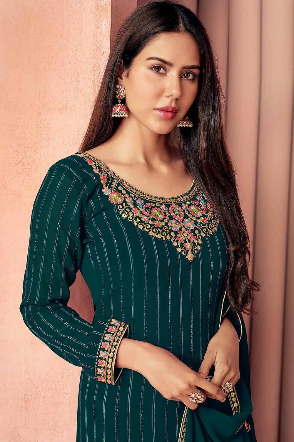 Sonam Bajwa Teal Blue Georgette Palazzo Suit - Image 2