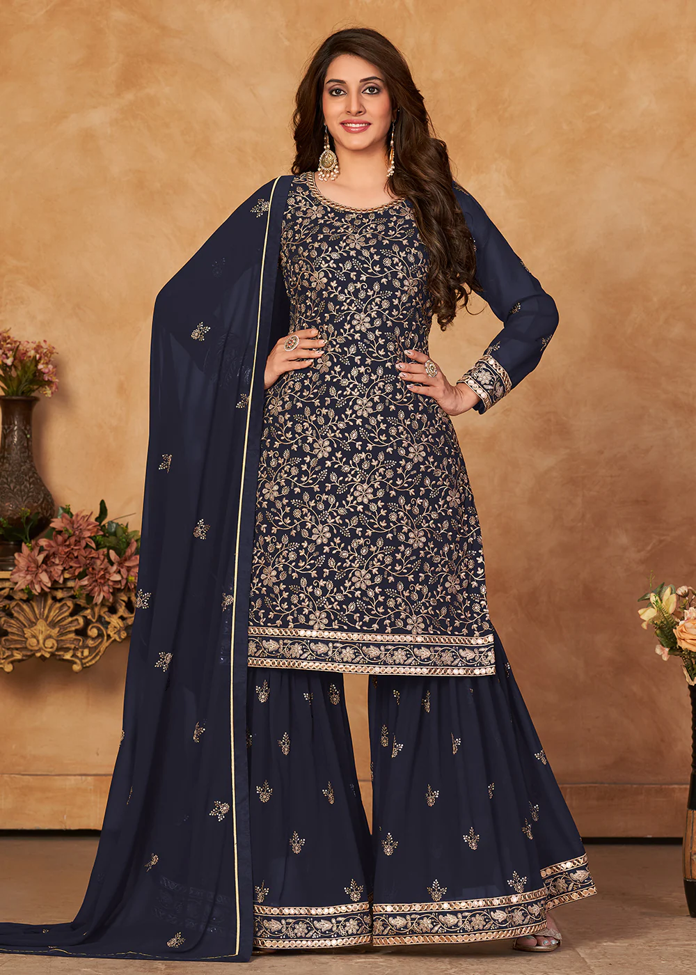 Soothing Navy Blue Embroidered Ceremonial Gharara Suit
