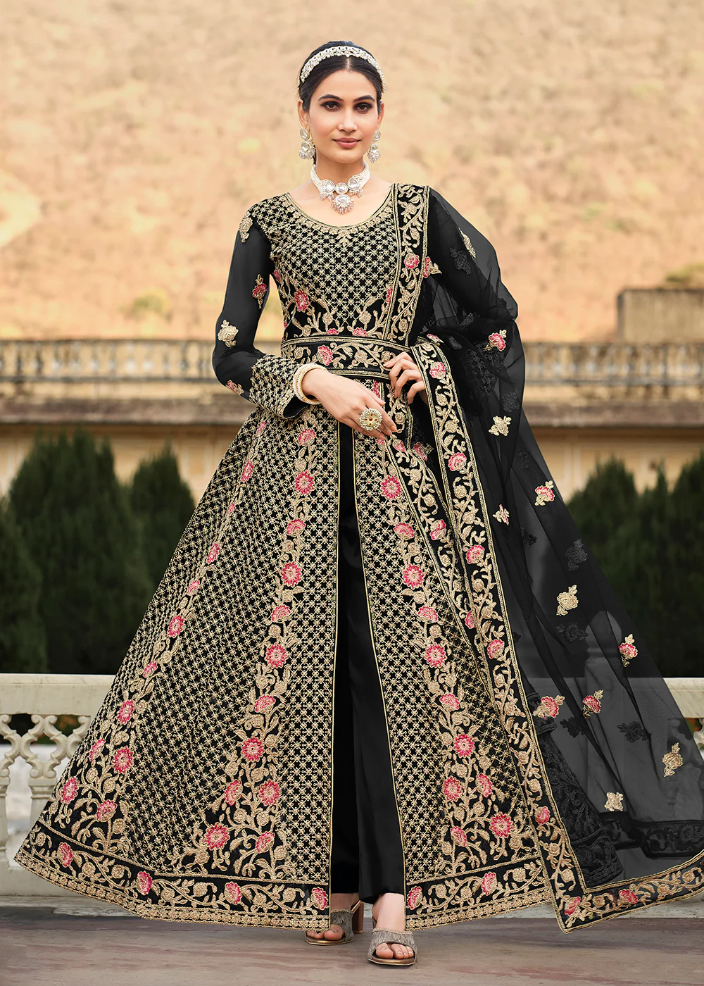 Special Cord & Stone Work Black Slit Style Anarkali Suit - Image 4