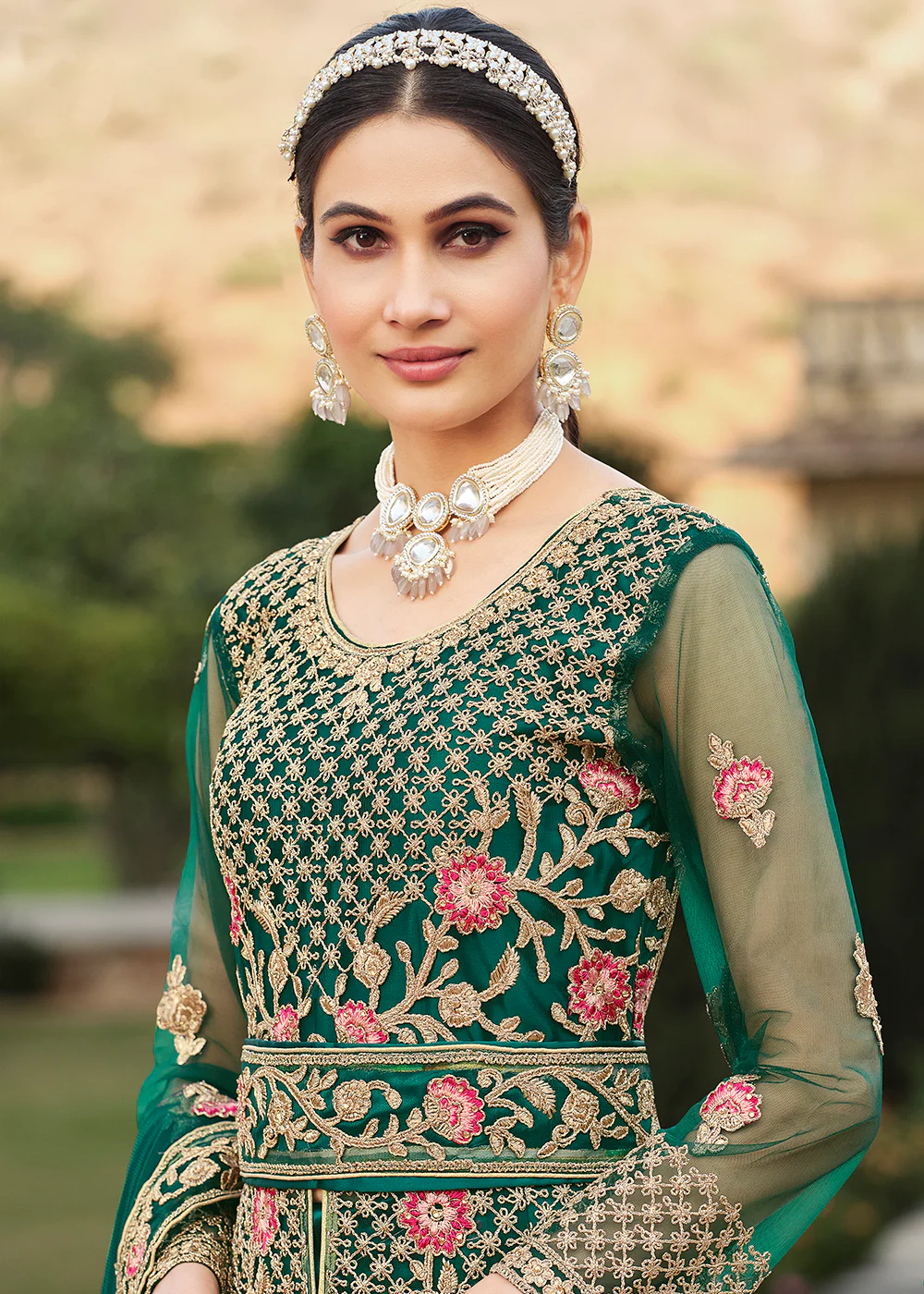 Special Cord & Stone Work Green Slit Style Anarkali Suit - Image 2