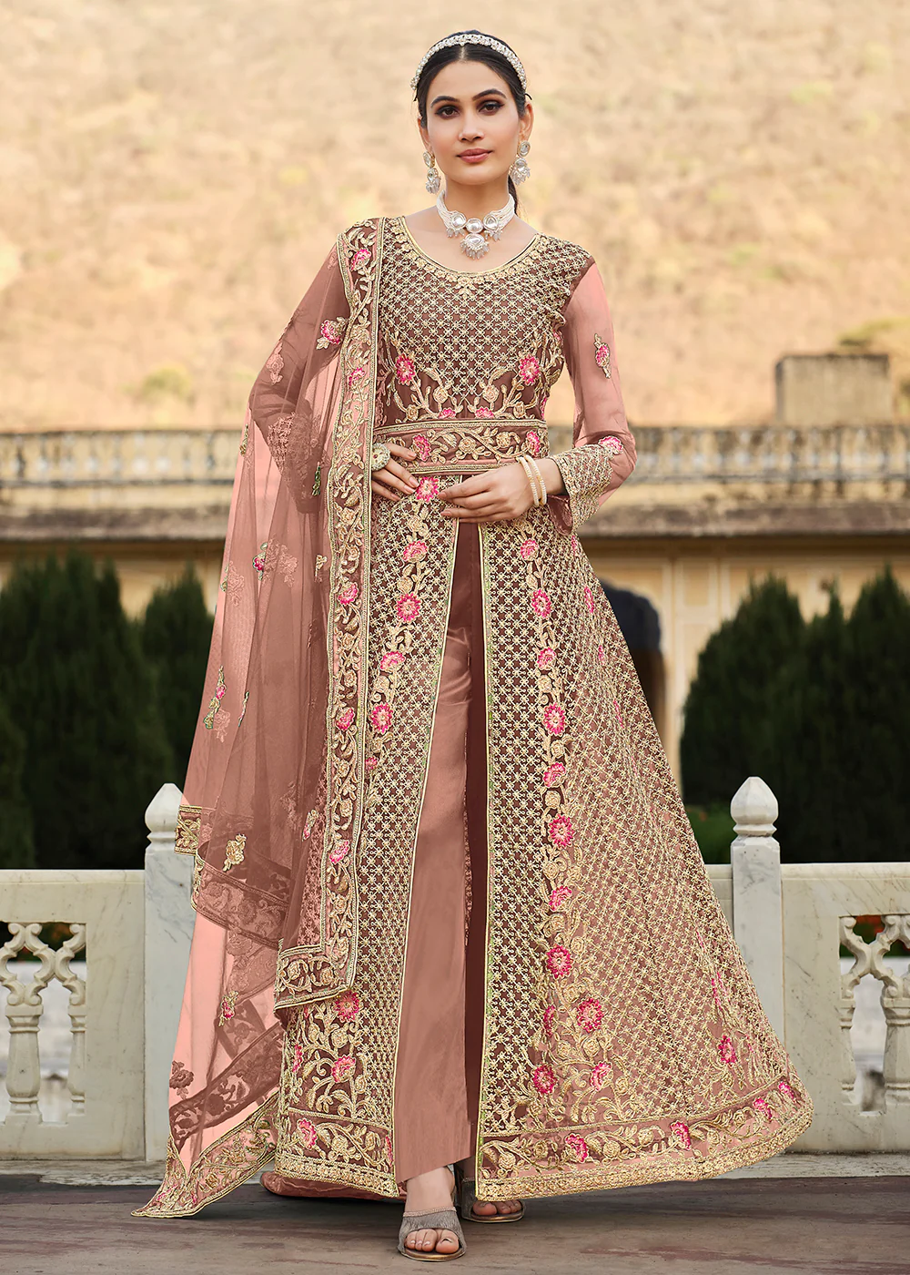 Special Cord & Stone Work Rose Pink Slit Style Anarkali Suit - Image 3