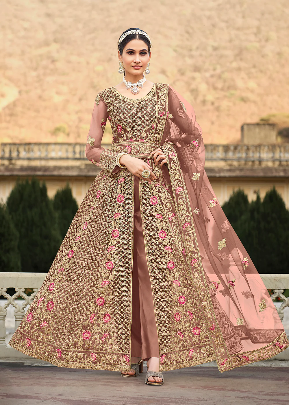 Special Cord & Stone Work Rose Pink Slit Style Anarkali Suit - Image 4
