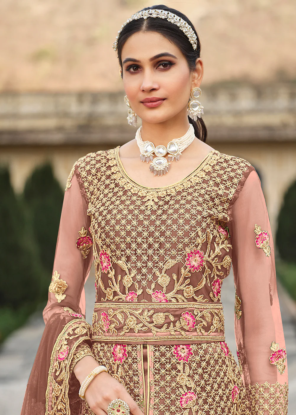 Special Cord & Stone Work Rose Pink Slit Style Anarkali Suit - Image 5