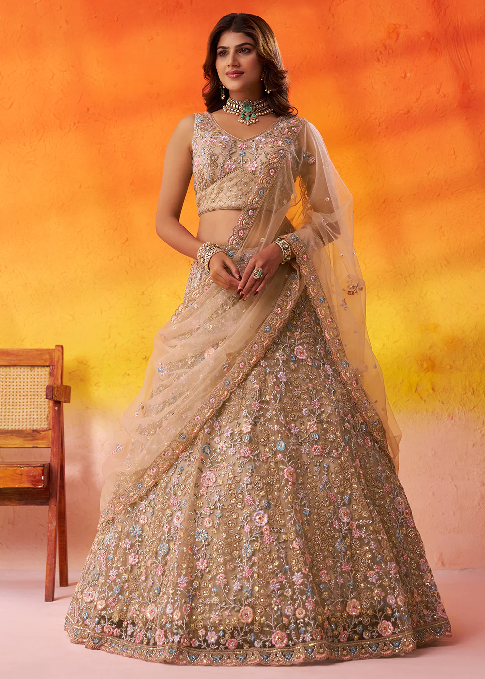 Special Wedding Festive Beige Net Lehenga Choli