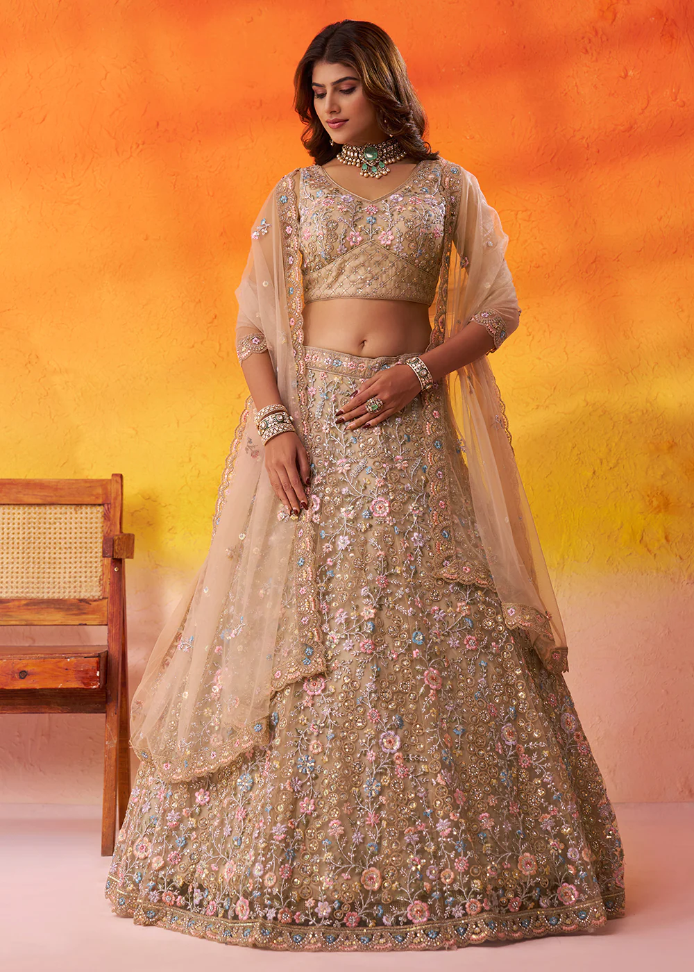 Special Wedding Festive Beige Net Lehenga Choli - Image 4