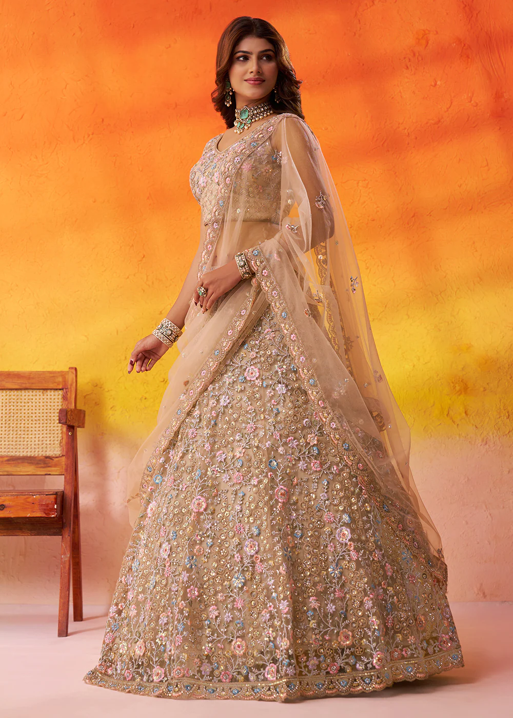 Special Wedding Festive Beige Net Lehenga Choli - Image 5